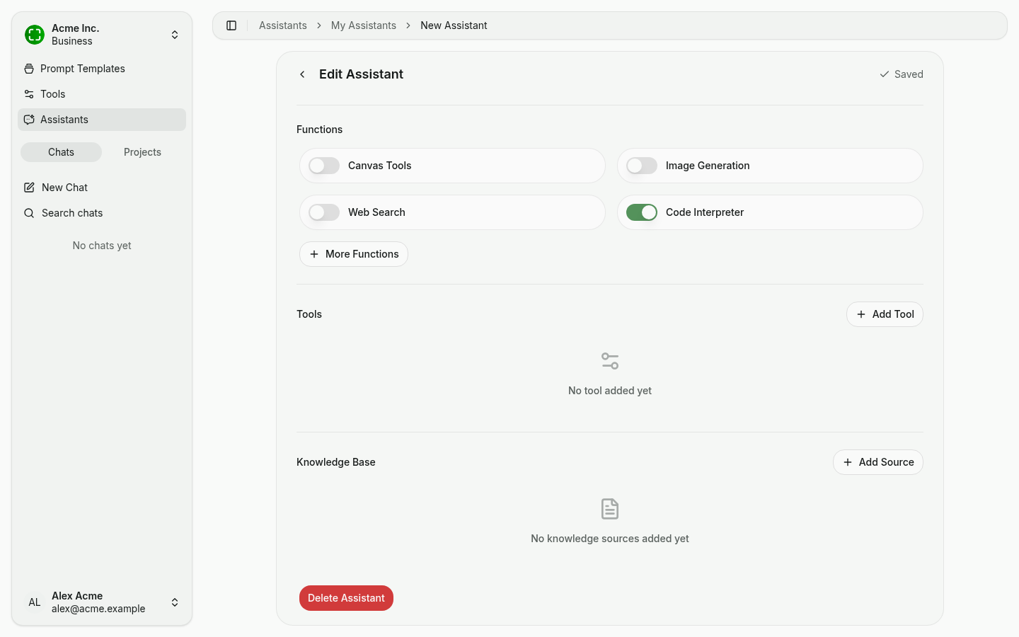 Bottom of the assistant editor: tools, knowledge base, delete
