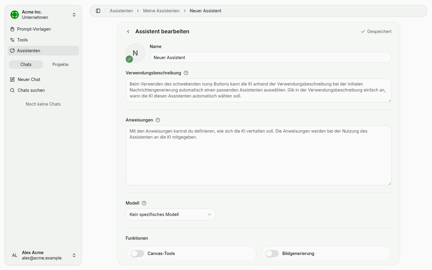Assistent-Editor mit Name, Verwendungsbeschreibung, Anweisungen und Modell