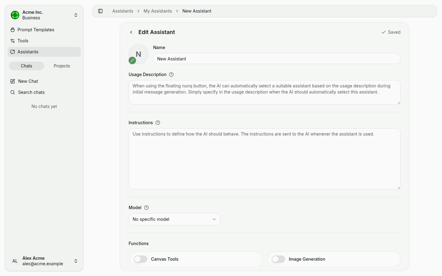 Assistant editor with name, usage description, instructions and model