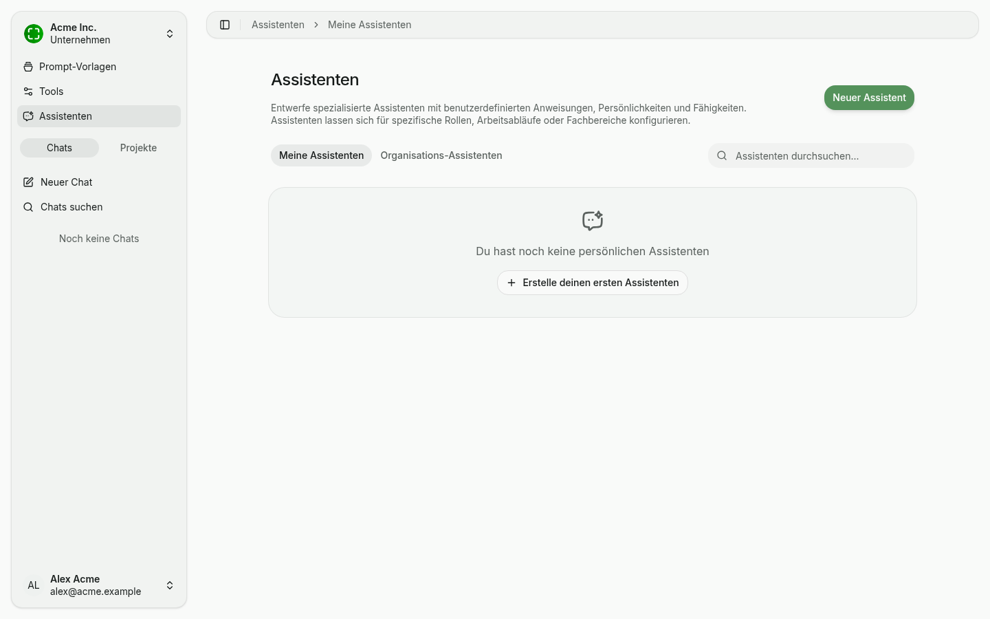 Übersicht der persönlichen Assistenten mit leerem Zustand und CTA
