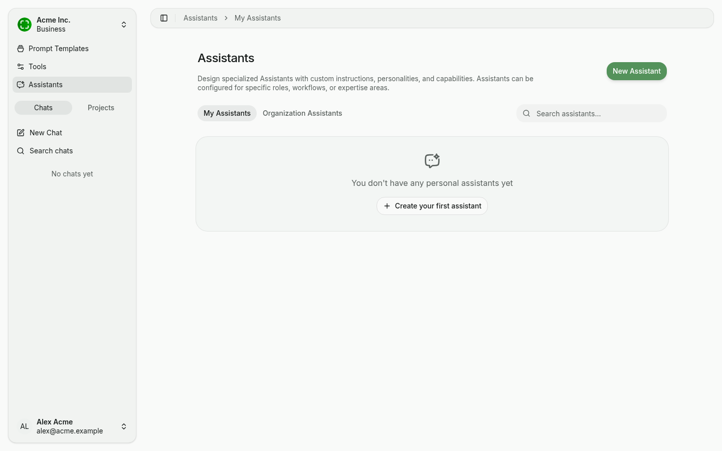 Personal assistants overview with empty state and CTA