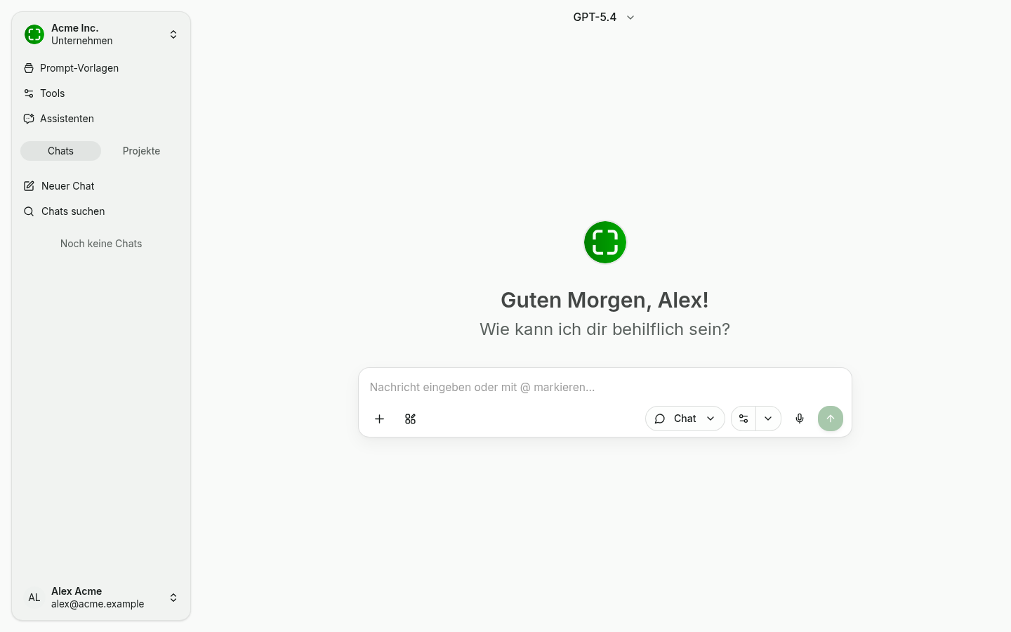 nunq-Hauptoberfläche mit Seitenleiste, Modellauswahl und Chat-Eingabe