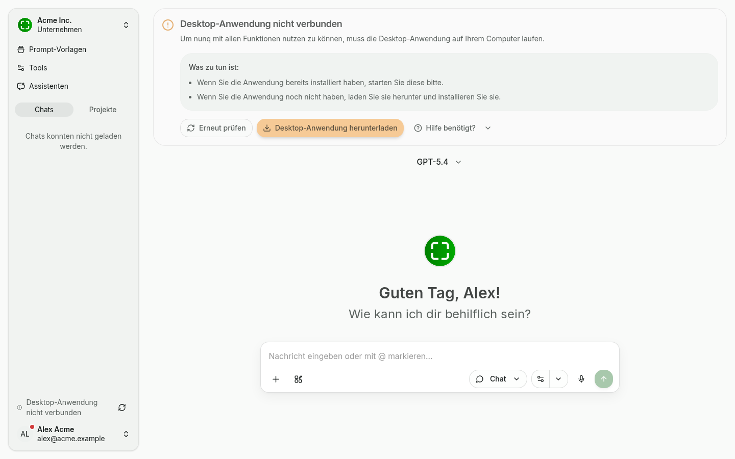 Hinweisleiste „Desktop-Anwendung nicht verbunden" mit Download-Button