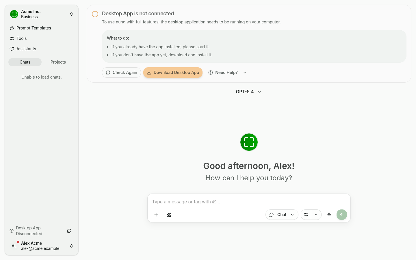 Banner "Desktop App is not connected" with the Download button