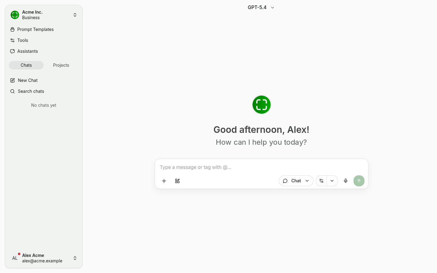 Post-onboarding chat home with the "Good afternoon, Alex!" greeting