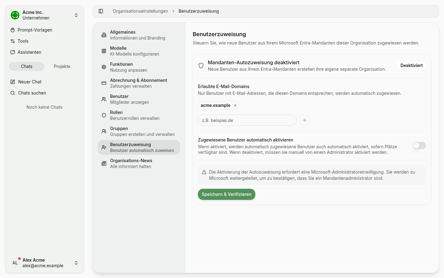 Benutzerzuweisung mit eingetragener Domain und aktivem „Speichern & Verifizieren"-Button