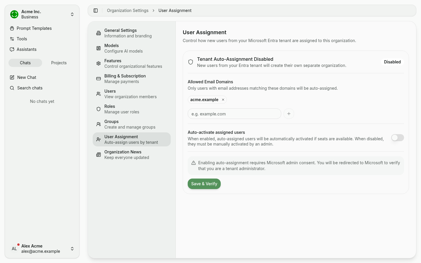 User Assignment with a domain entered and the "Save & Verify" button active
