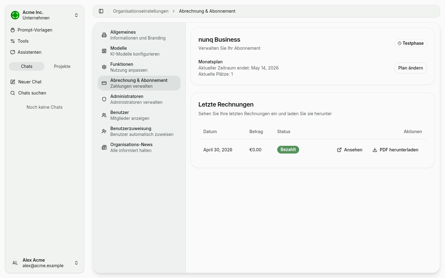 Abrechnungsseite mit Plan, Zeitraum und letzten Rechnungen