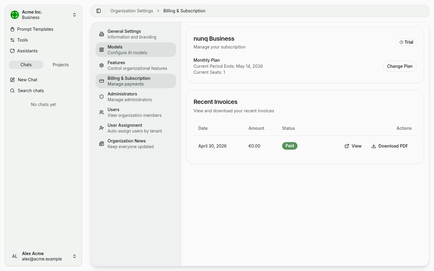 Billing page with plan, period and recent invoices