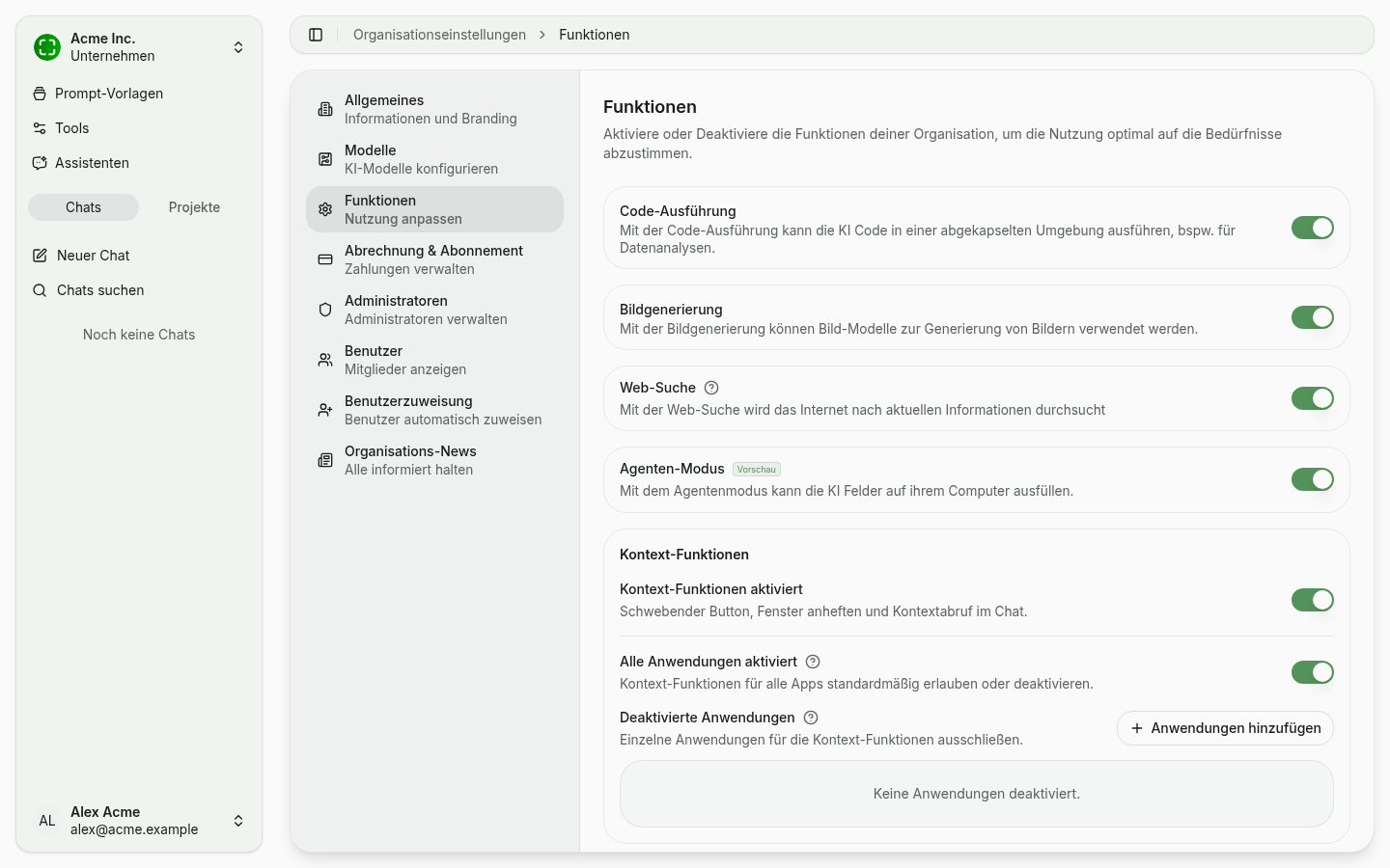 Feature-Toggles mit Code-Ausführung, Bildgenerierung, Web-Suche, Agent