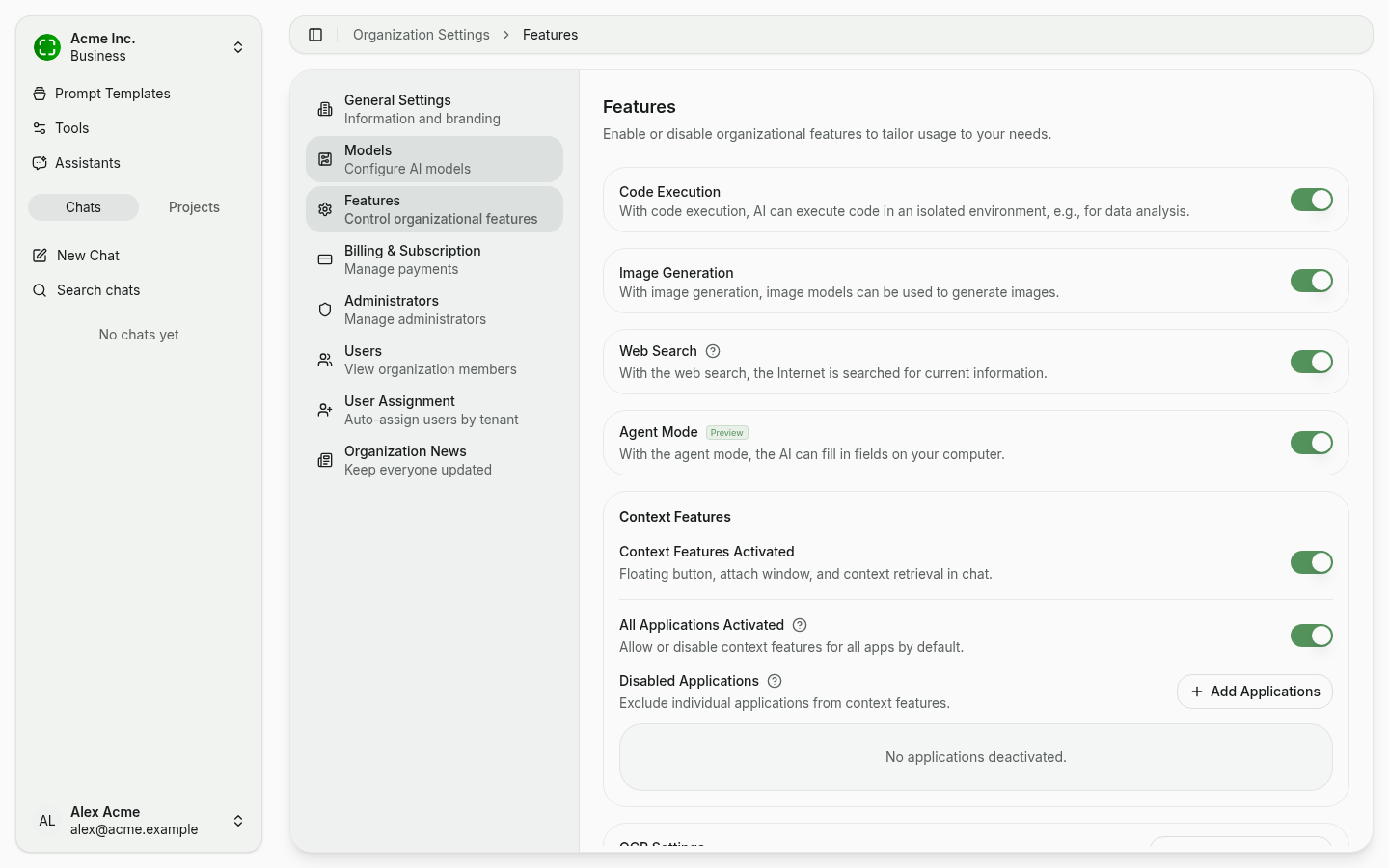 Feature toggles for code execution, image generation, web search, agent