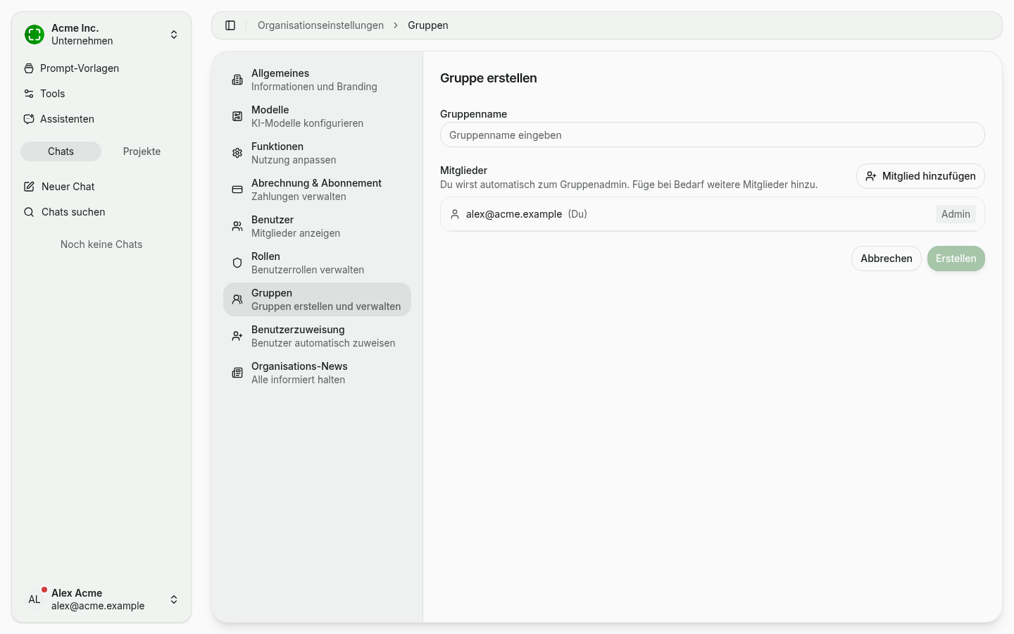 Dialog "Gruppe erstellen" mit Name und Mitgliederliste