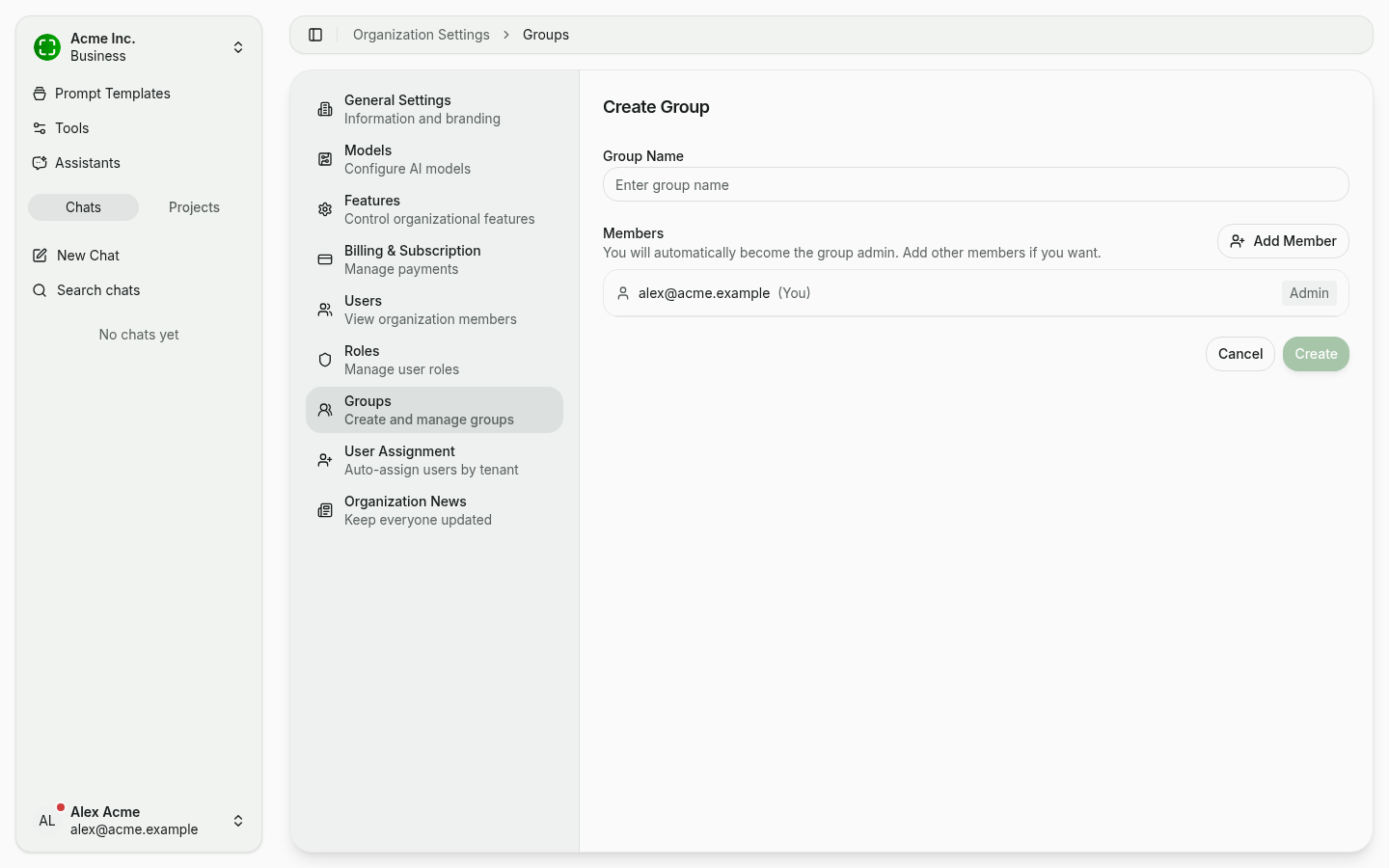 Create-Group dialog with name field and member list