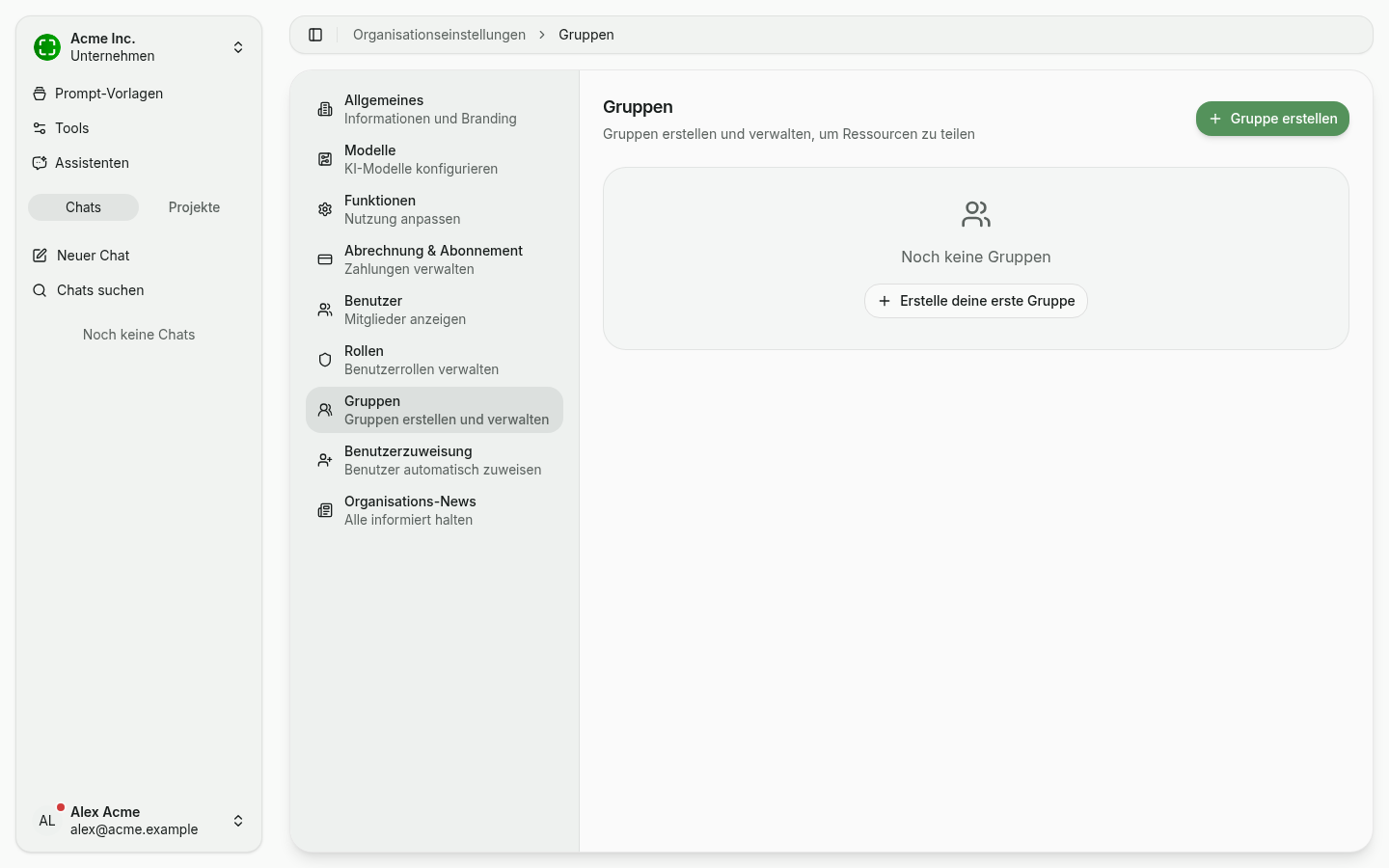 Gruppen-Tab im leeren Zustand mit "Gruppe erstellen"-Button