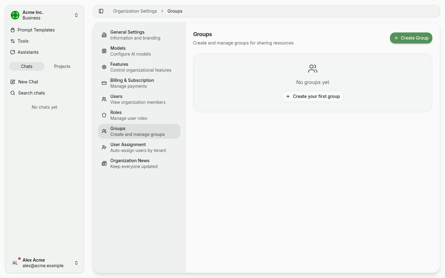 Groups tab in empty state with the "Create Group" button