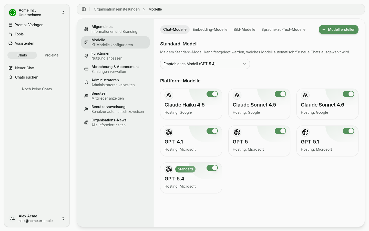Übersicht der Chat-Modelle mit Standardmodell und Plattform-Modellen