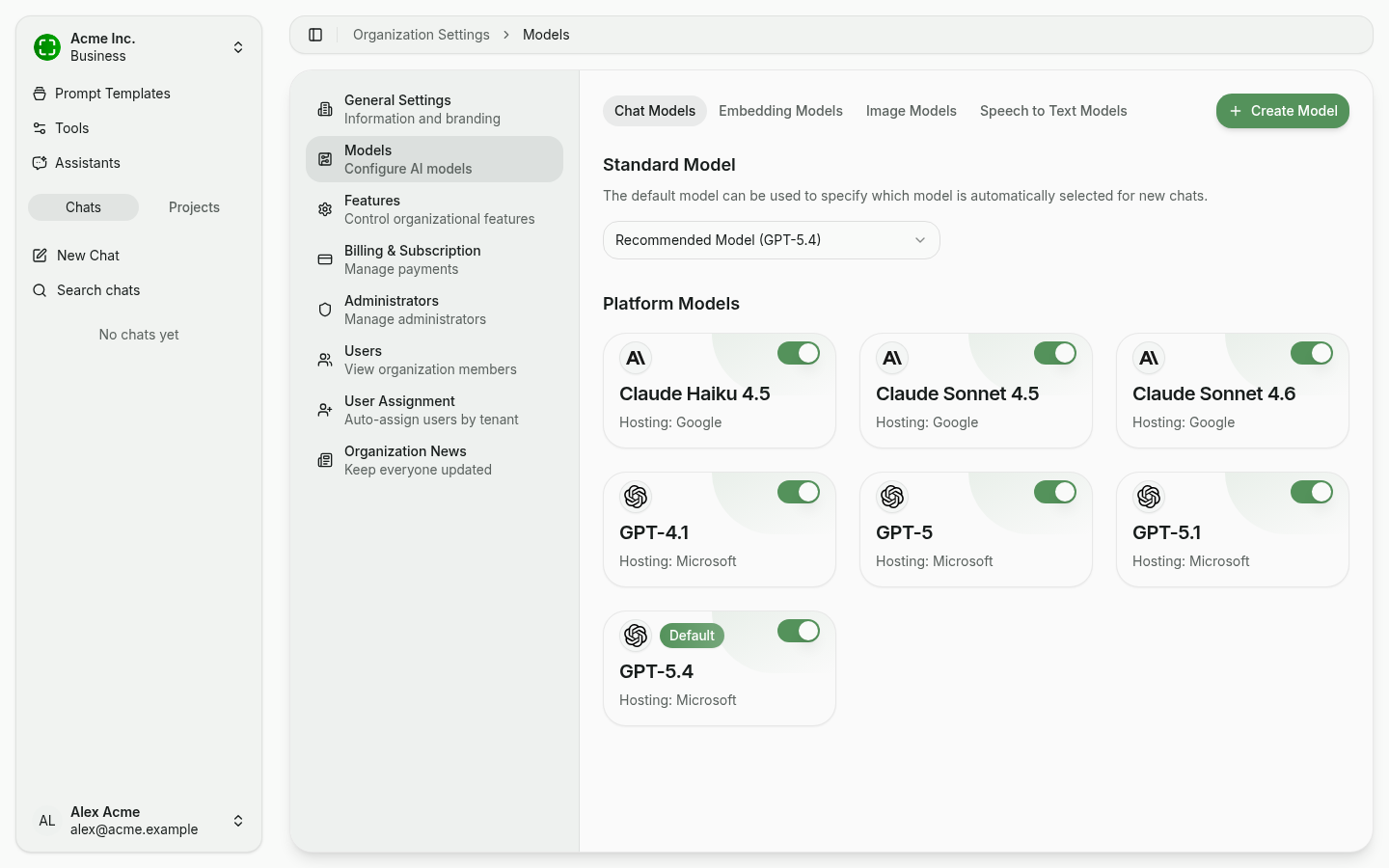 Chat models overview with default model and platform models