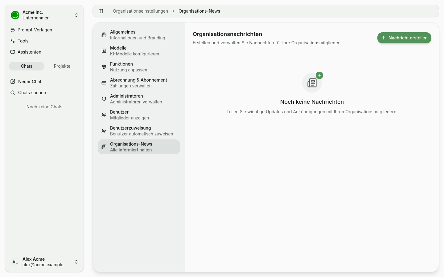 Organisations-News mit leerem Zustand und CTA "Nachricht erstellen"