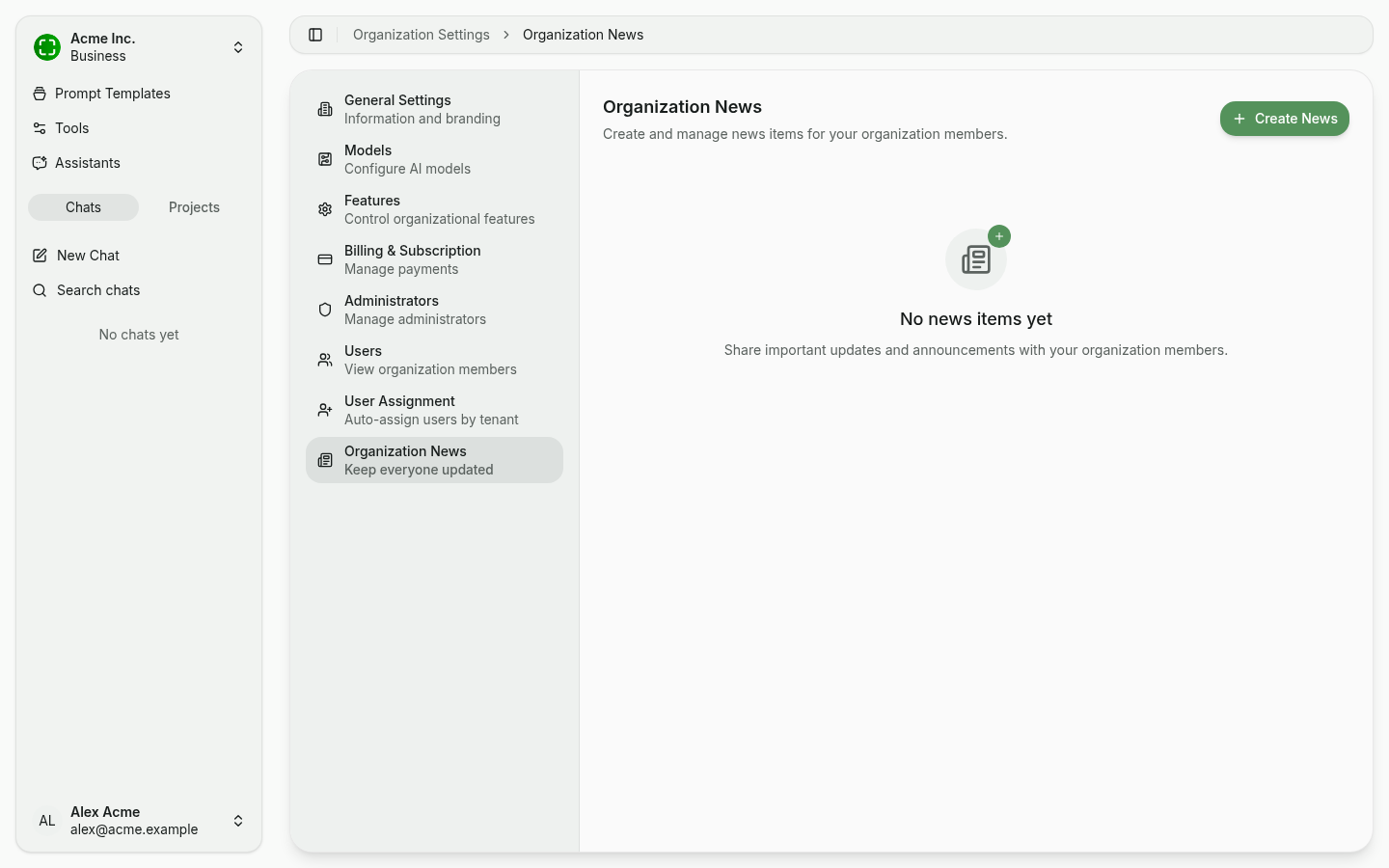 Organization News with empty state and "Create News" CTA