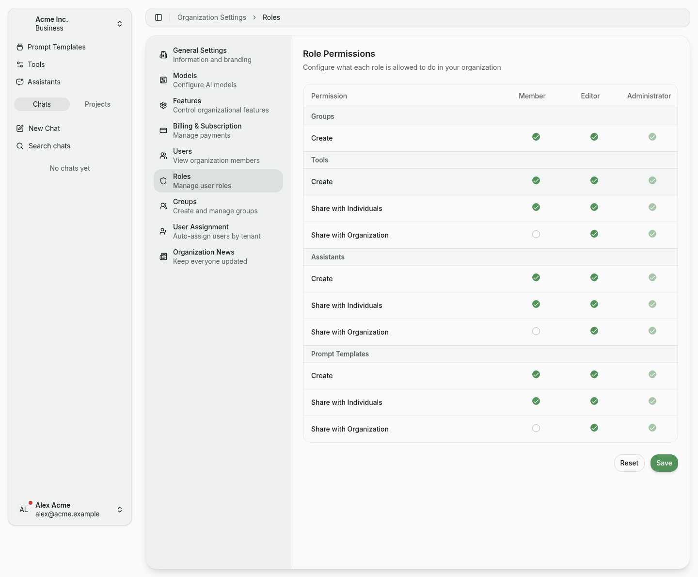 Matrix with unsaved changes showing the Save / Reset buttons