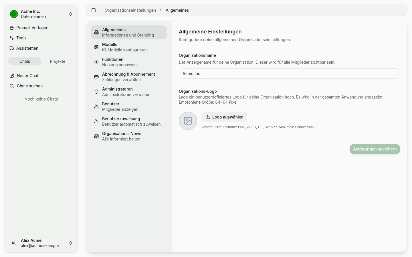 Allgemeine Organisationseinstellungen mit Name und Logo-Upload