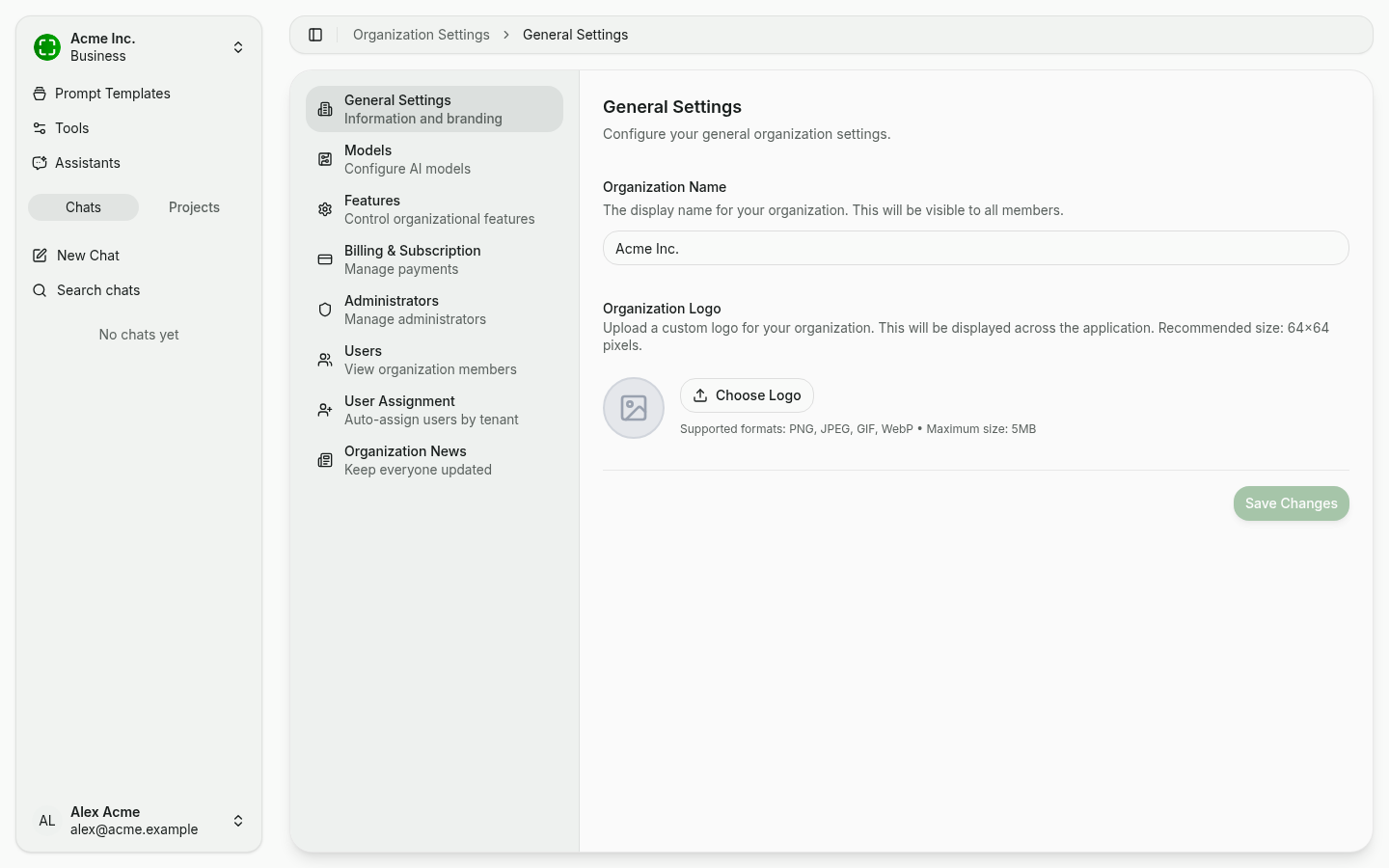 General organization settings with name and logo upload
