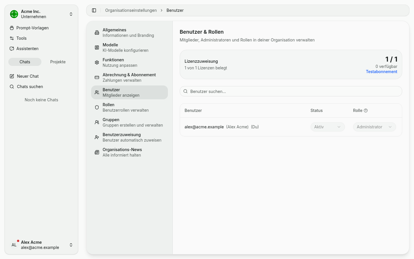 Benutzer-Tab mit Sitzplatz-Anzeige, Rolle und Status