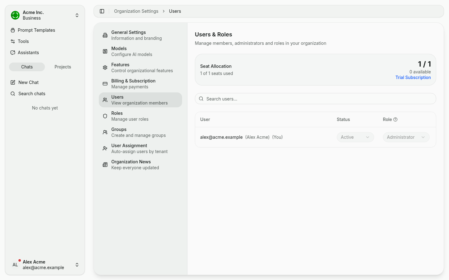 Users tab with seat allocation, role and status