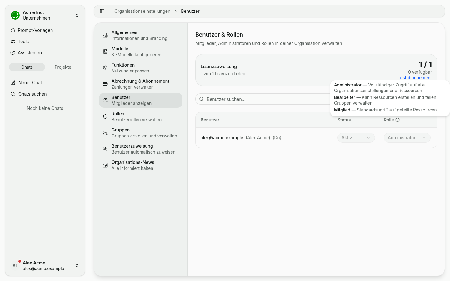 Tooltip mit Kurzbeschreibung der drei Rollen