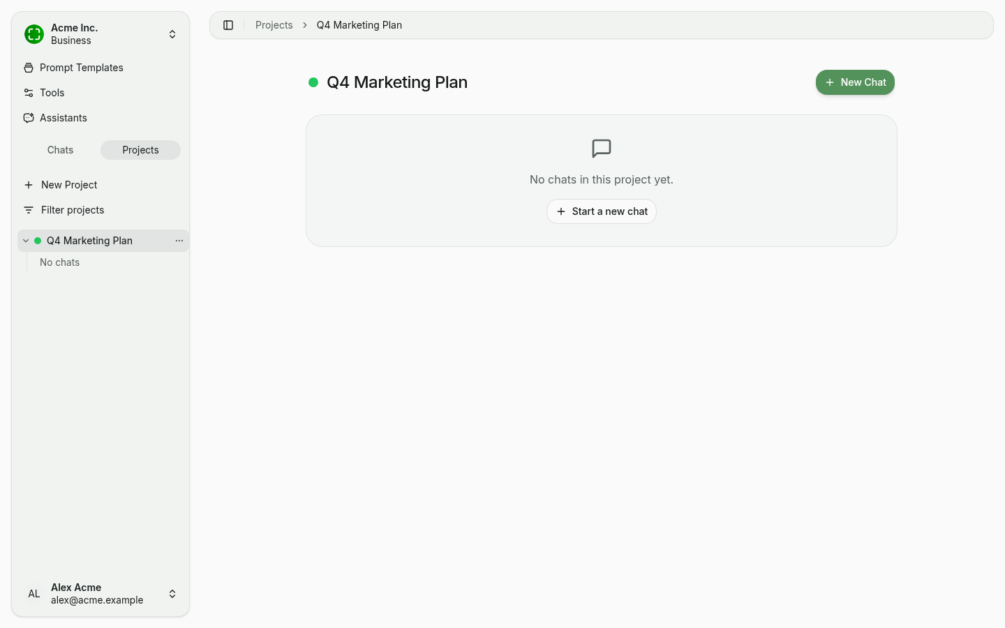 Detailseite eines leeren Projekts mit Aktionsbereich