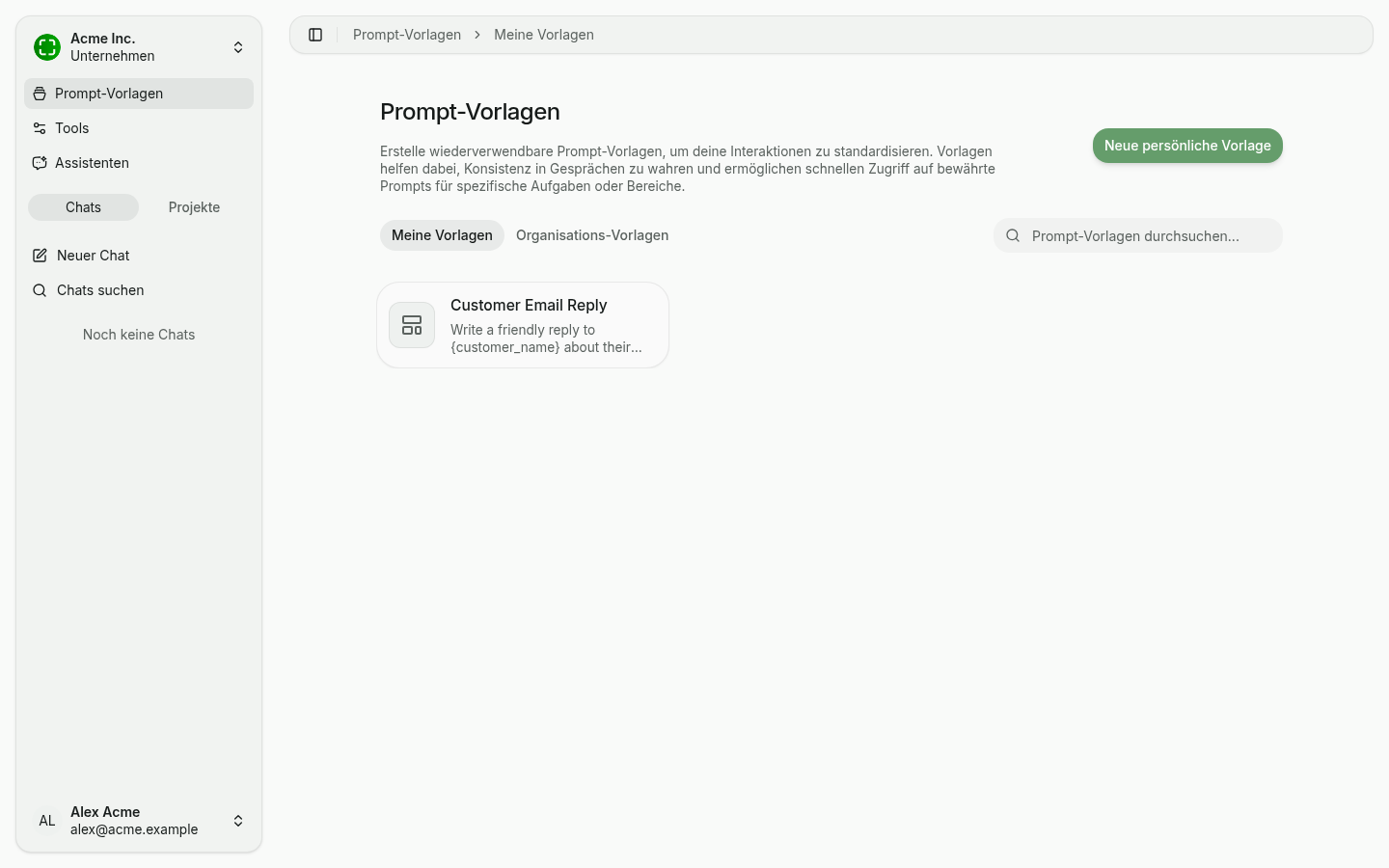 Liste der eigenen Prompt-Vorlagen mit Suchfeld