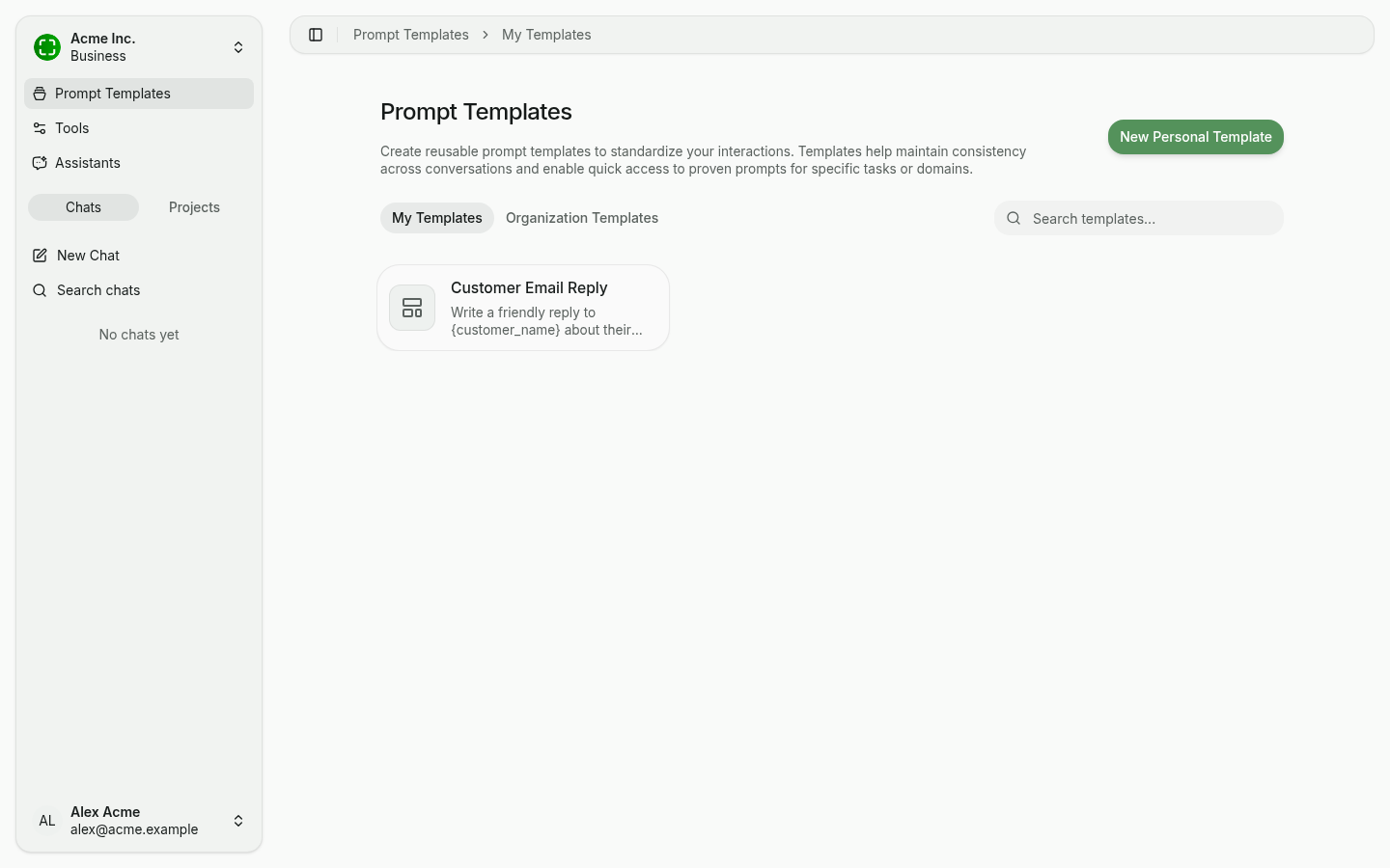 List of personal prompt templates with search field