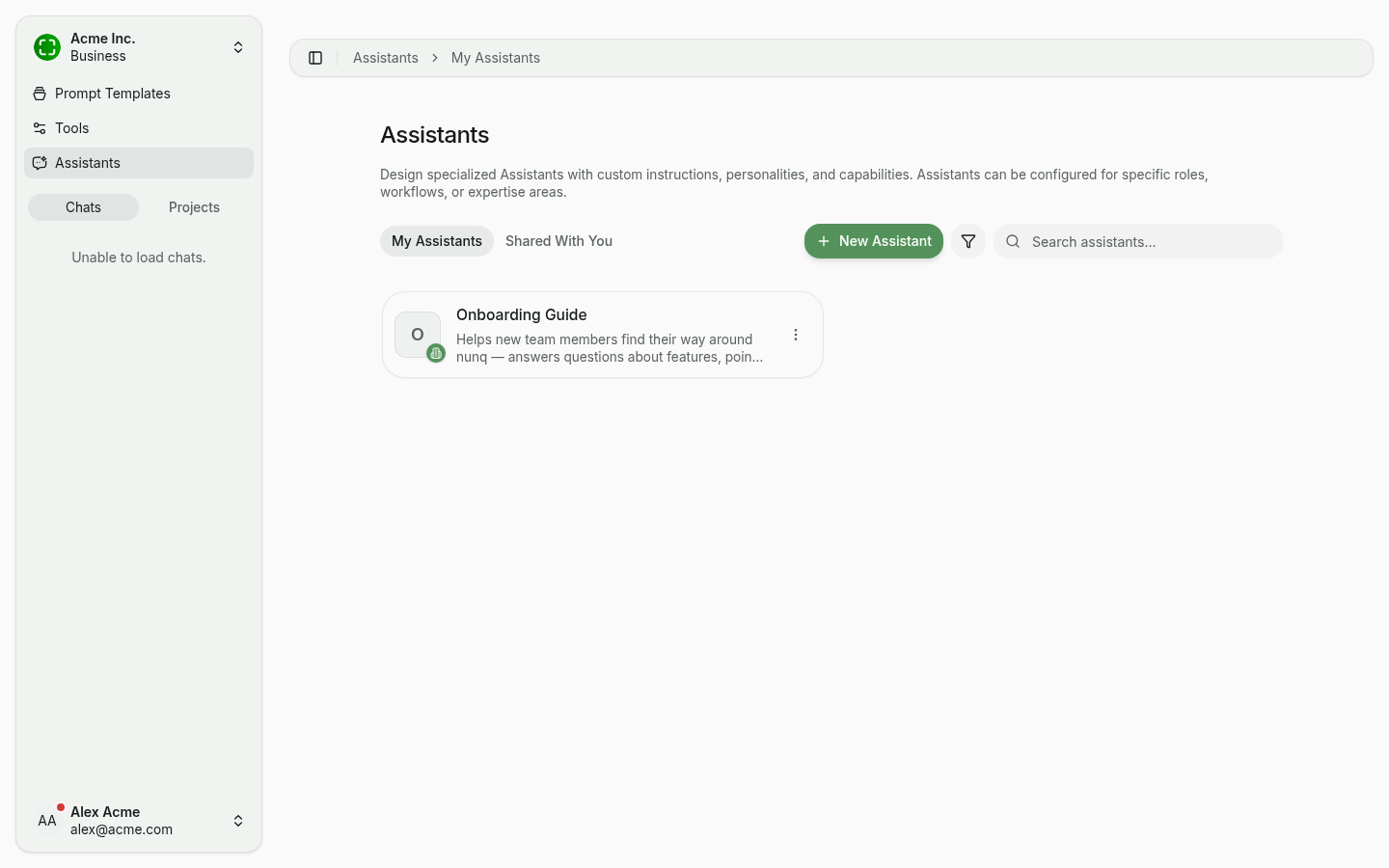 Assistant card with org-wide share badge