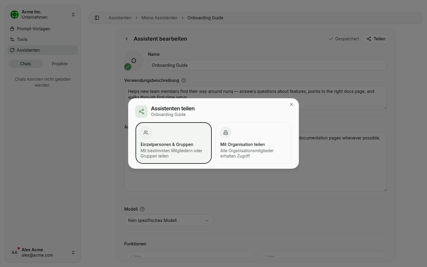 Freigabedialog mit zwei Optionen: Einzelpersonen & Gruppen oder Mit Organisation teilen