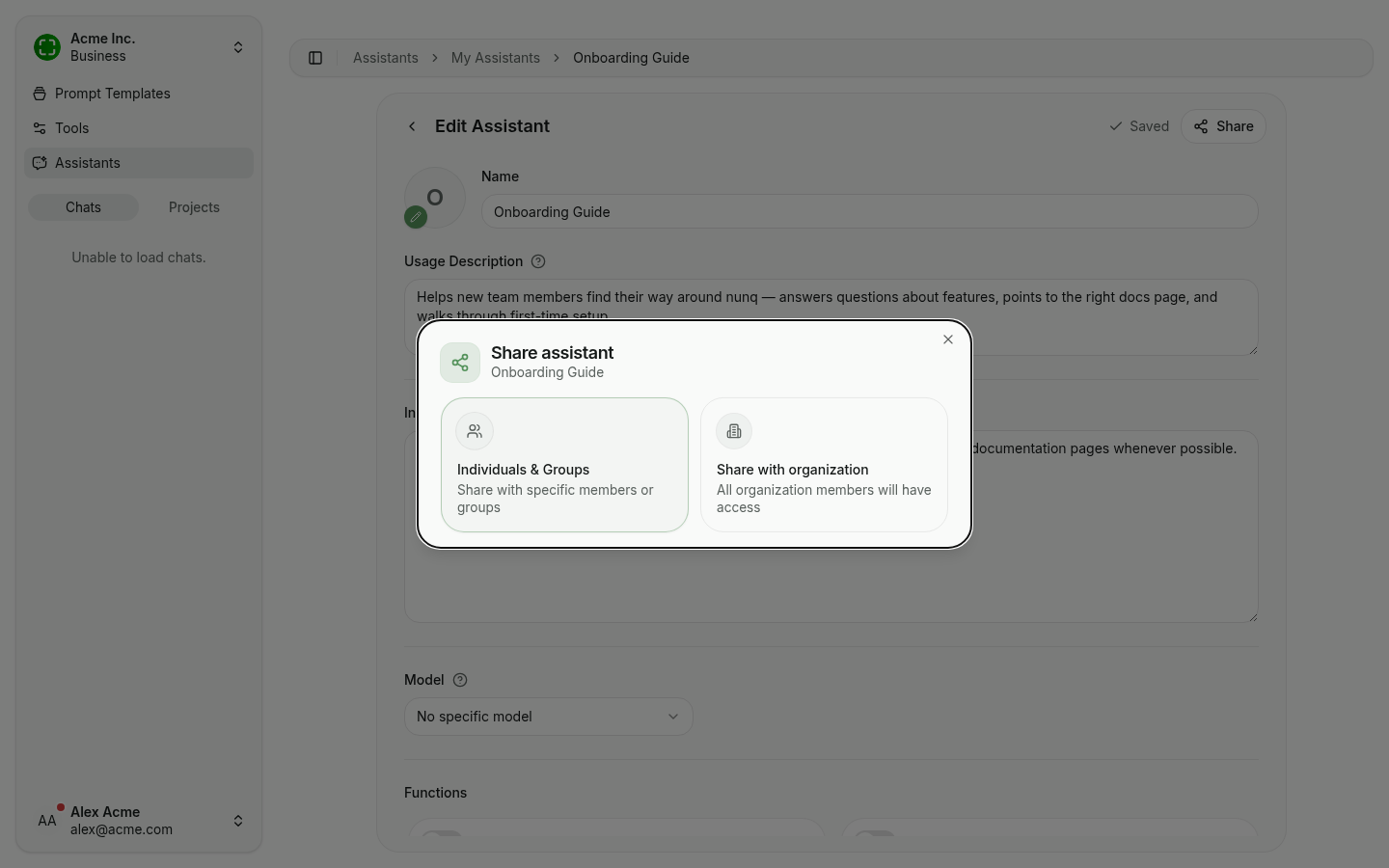 Share dialog with two options: Individuals & Groups, or Share with organization