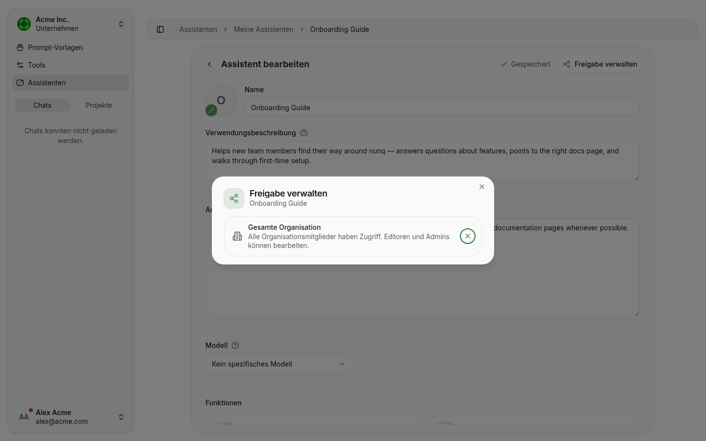 Dialog Freigabe verwalten mit aktiver organisationsweiter Freigabe
