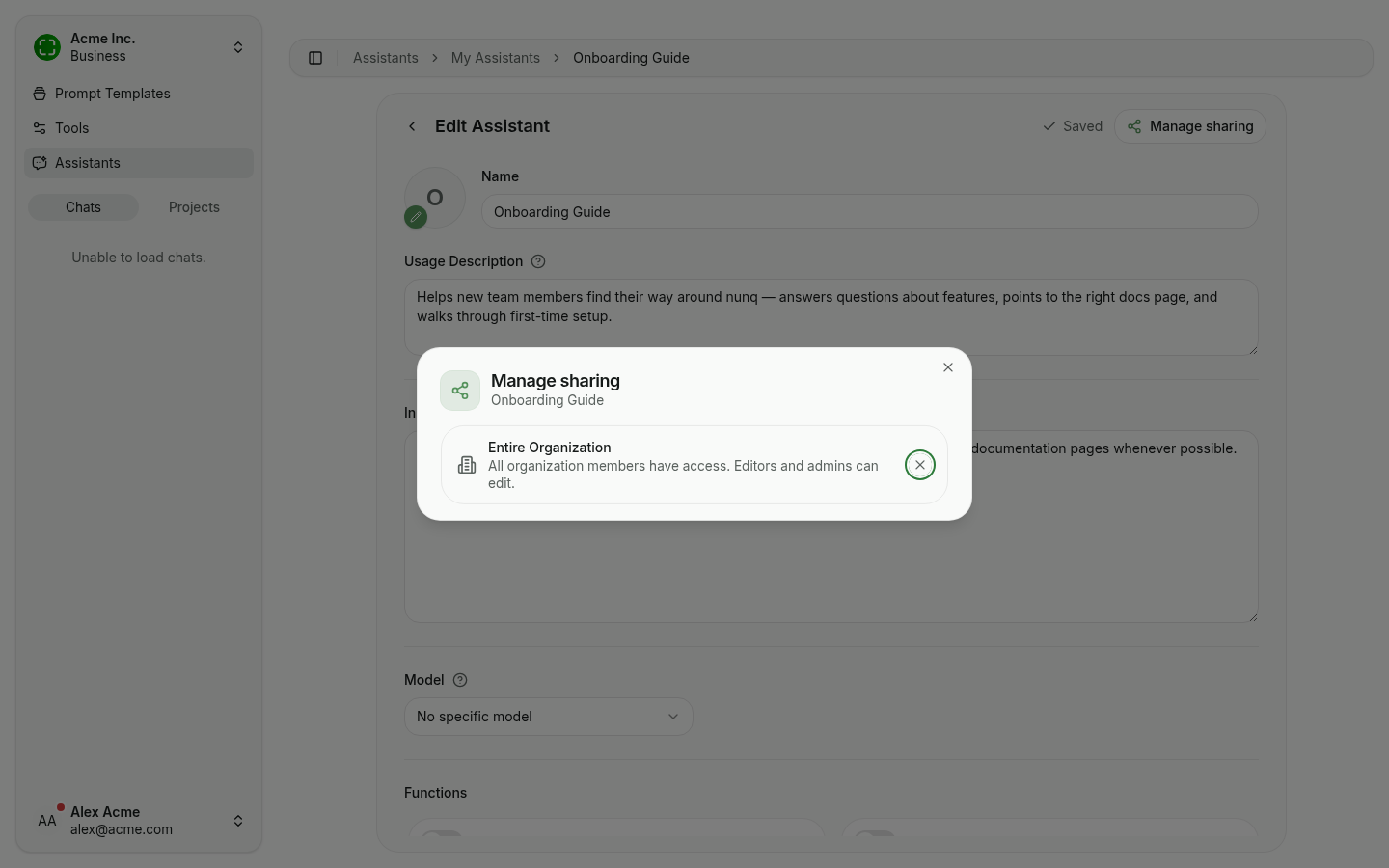 Manage sharing dialog showing the active org-wide share
