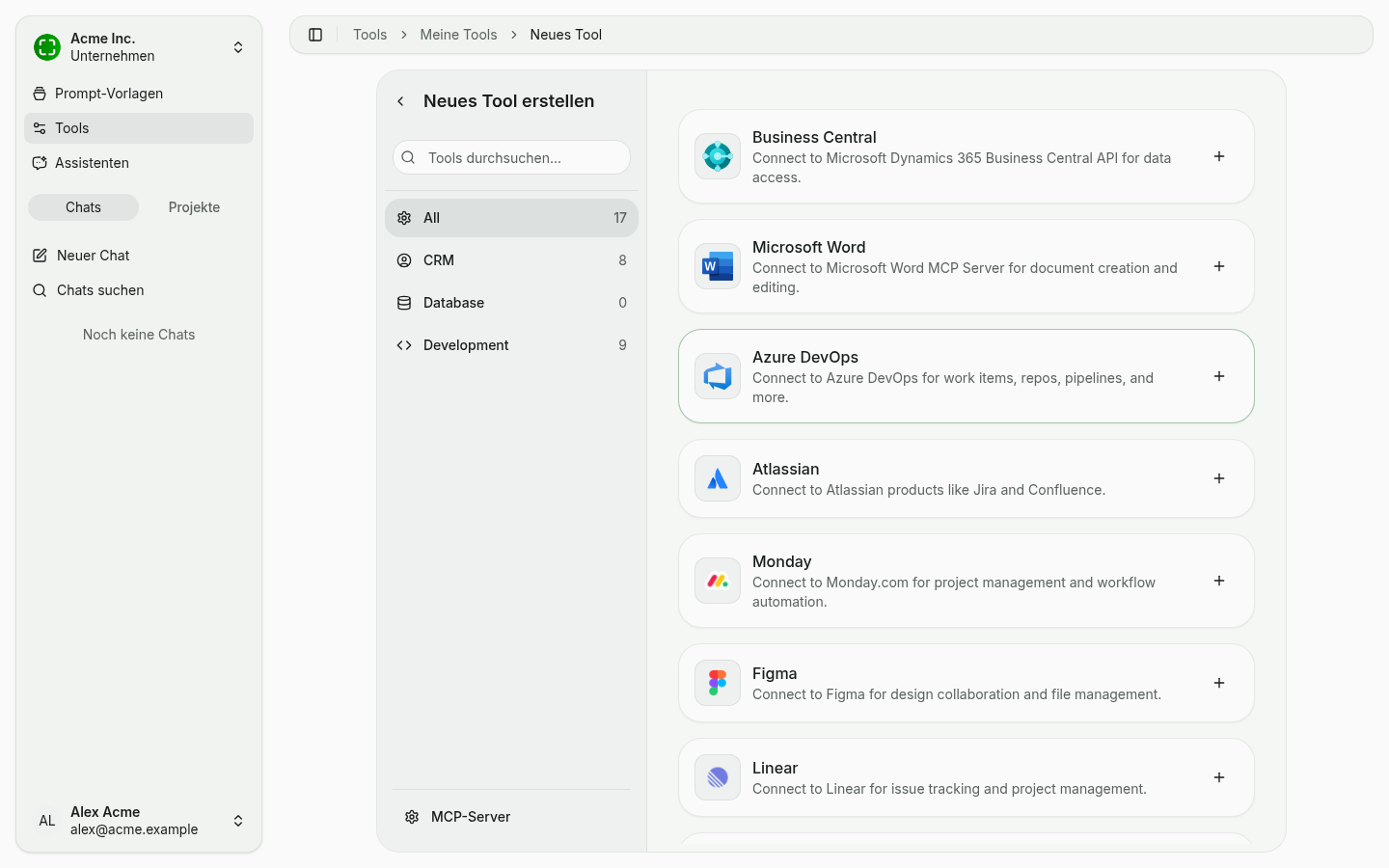 Tool-Katalog mit Integrationen wie Business Central, Microsoft Word, Atlassian