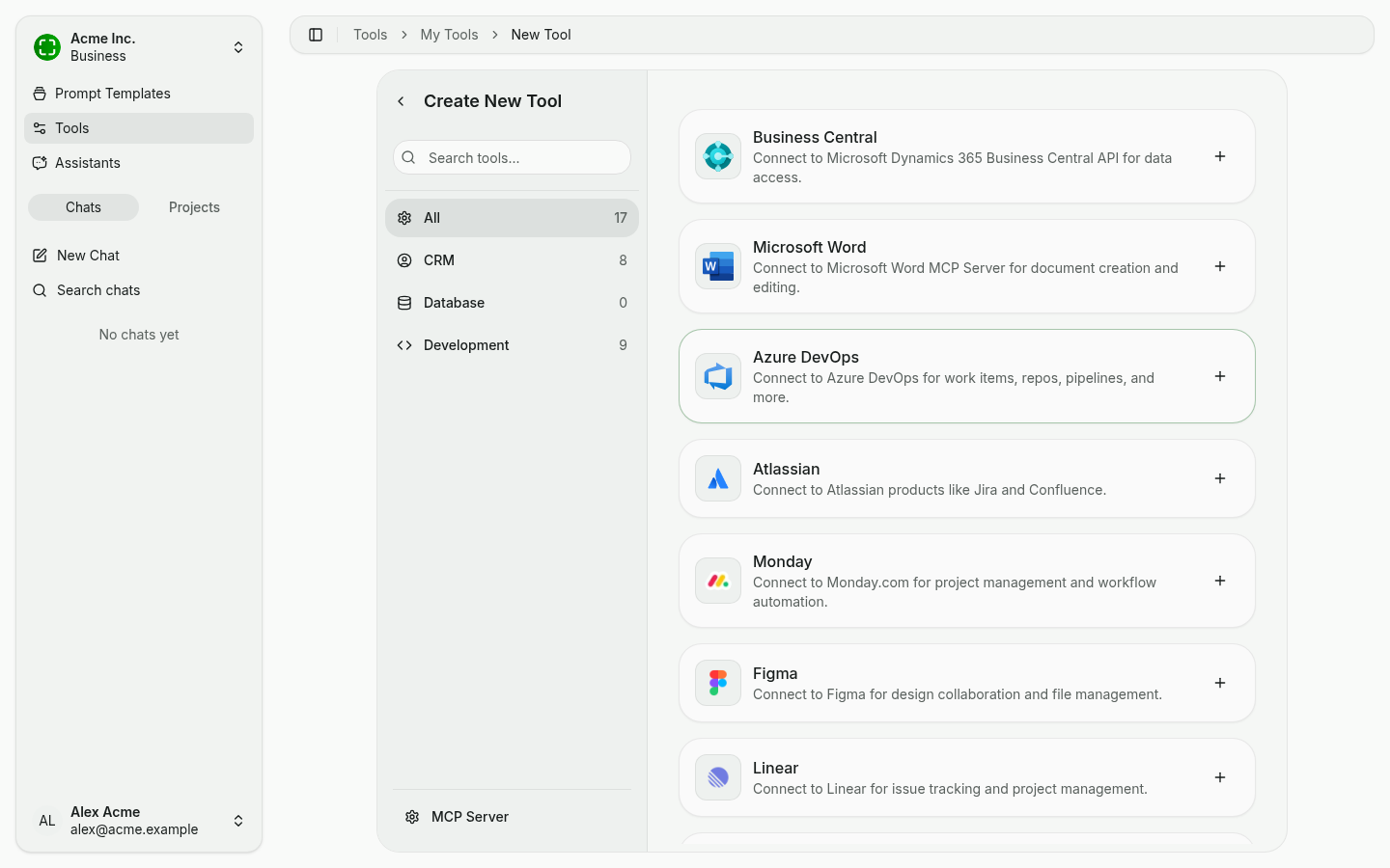 Tool catalog with integrations like Business Central, Microsoft Word, Atlassian