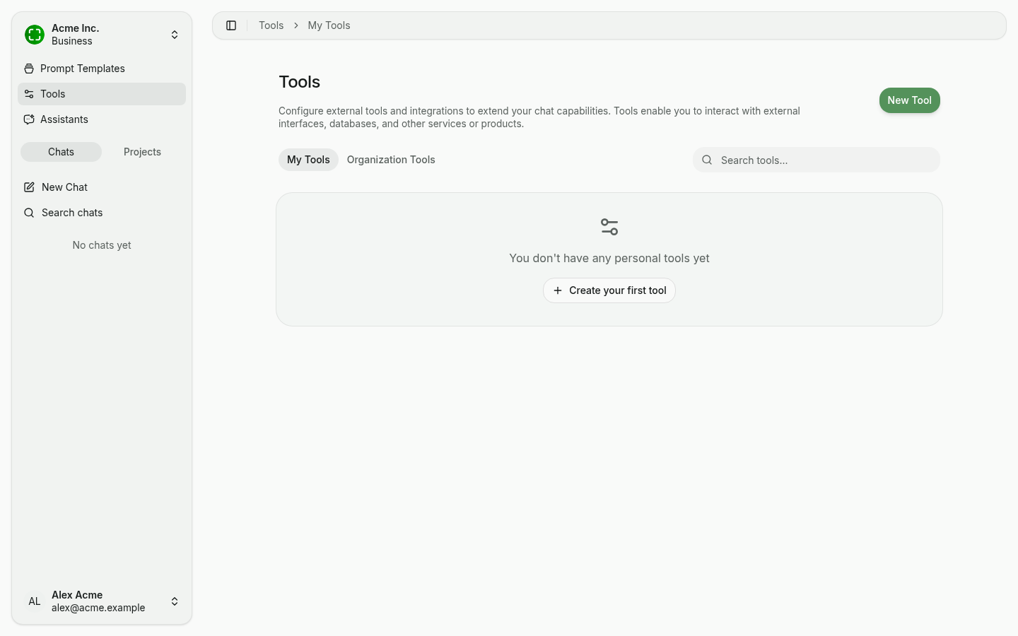 Tools overview with empty state and "New Tool" CTA