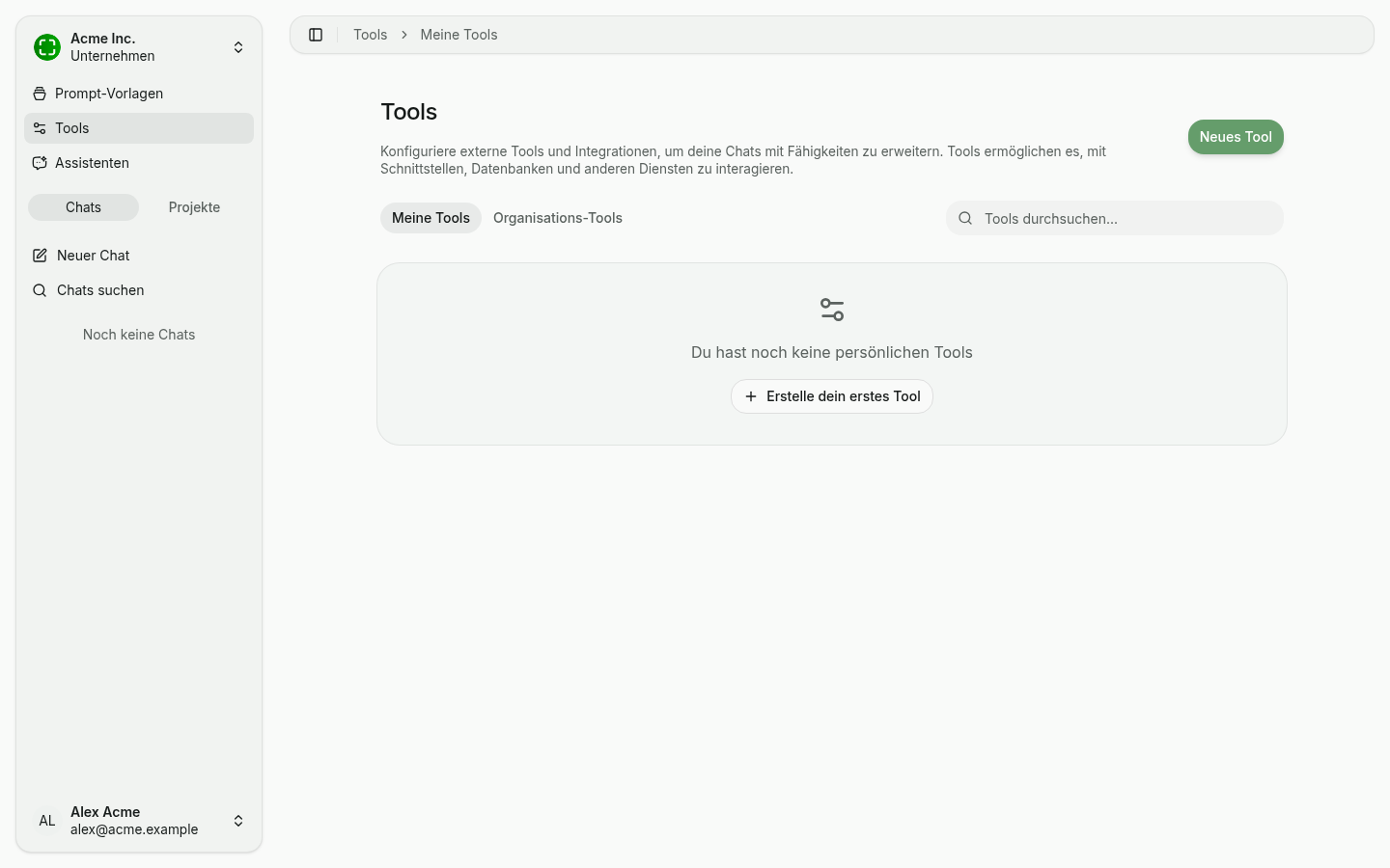 Übersicht der Tools mit leerem Zustand und CTA "Neues Tool"