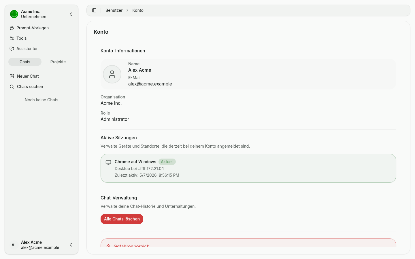Konto-Seite mit Konto-Informationen, Organisation, Rolle und Sitzungen