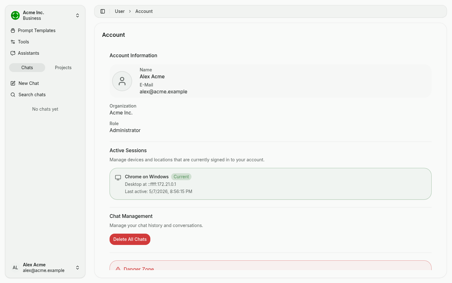 Account page with information, organization, role and sessions