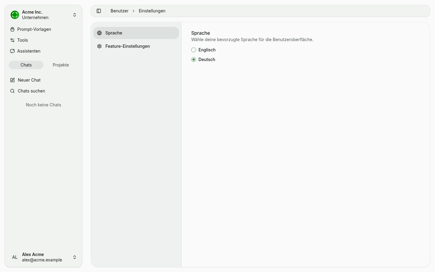 Einstellungen mit Sprache und Feature-Einstellungen