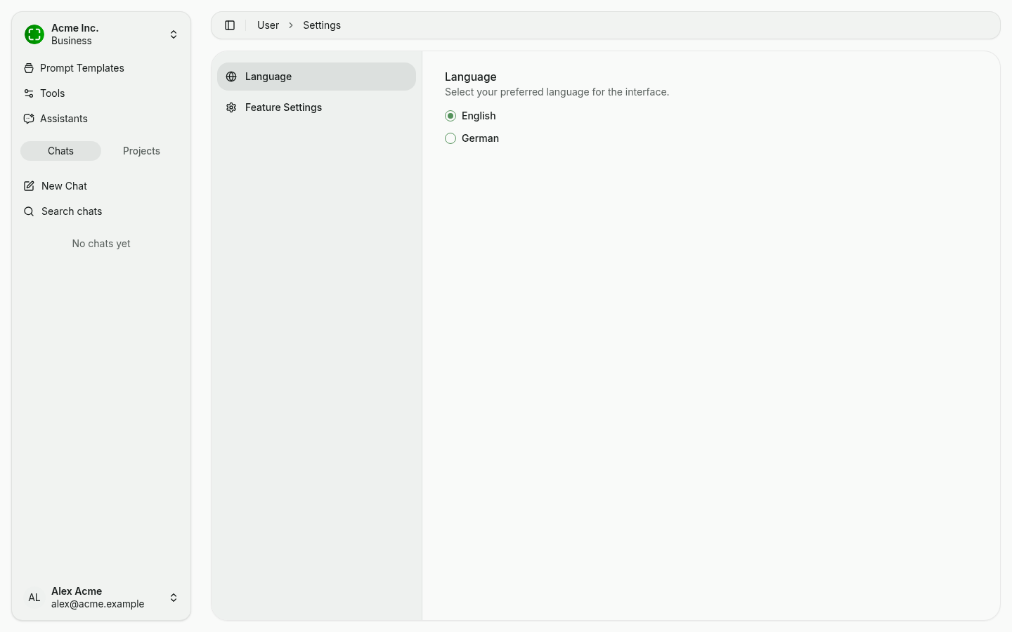 Settings page with language and feature settings