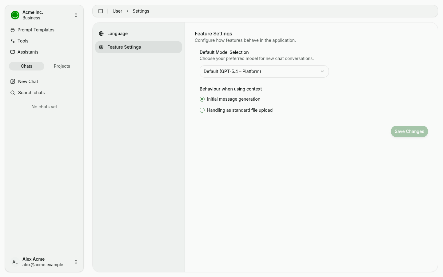 Feature-Einstellungen mit Standard-Modell und Kontext-Verhalten
